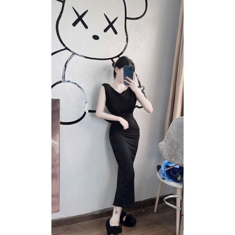 Đầm Maxxi Tay Ngắn Hở Nguyên Lưng Cúp Mút Ngực Body Tăm Bo Xẻ Tà