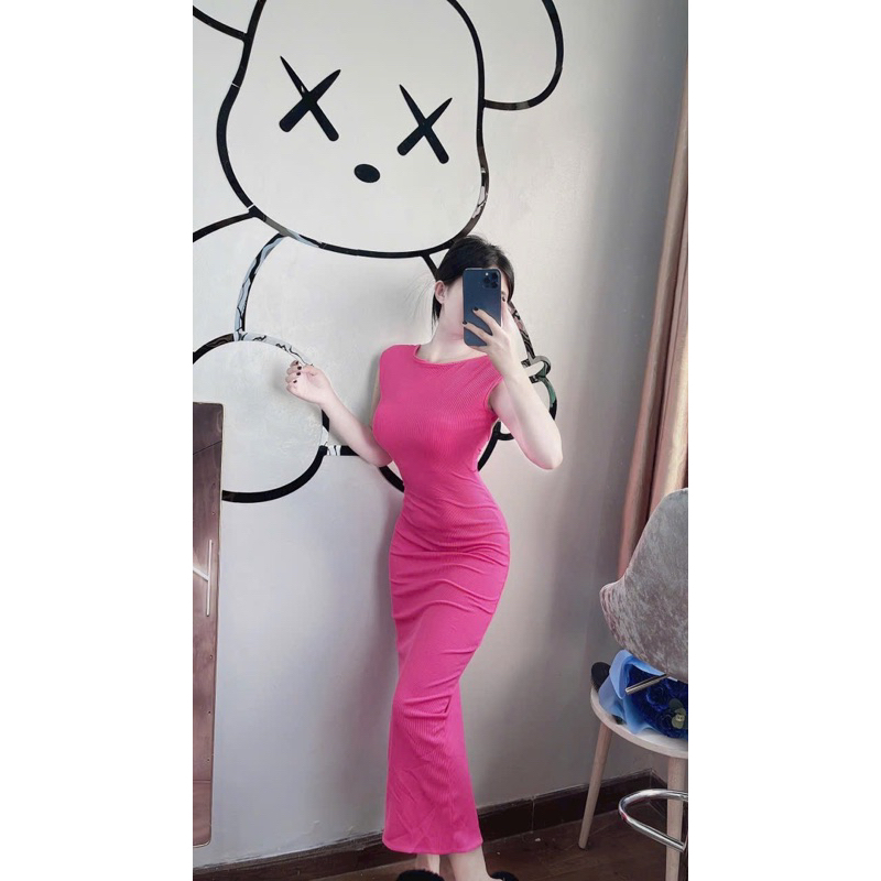 Đầm Maxxi Tay Ngắn Hở Nguyên Lưng Cúp Mút Ngực Body Tăm Bo Xẻ Tà