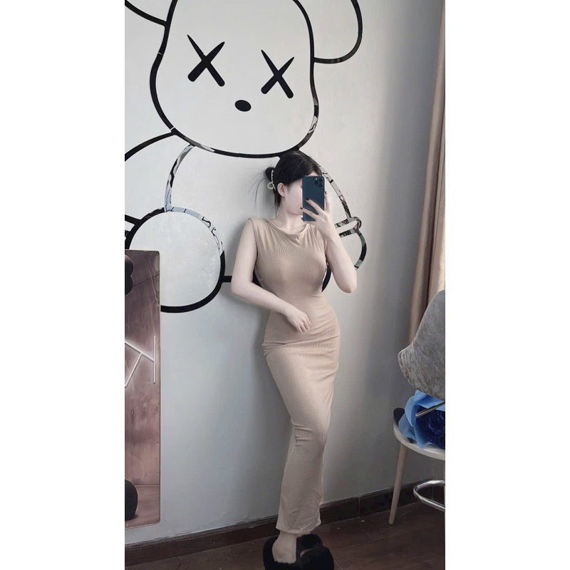 Đầm Maxxi Tay Ngắn Hở Nguyên Lưng Cúp Mút Ngực Body Tăm Bo Xẻ Tà