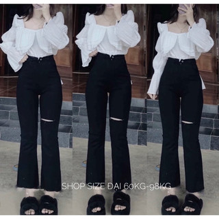 [Bigsize 60kg-98kg] Quần Jean Nữ Ống Loe Đen Rách Đùi Tua Lai Siêu Tôn Dáng. Co Giãn - Lưng Siêu Cao
