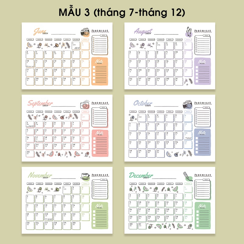 Lịch để bàn ÂM DƯƠNG 2024, ghi chú ngày lễ Việt Nam, lịch bàn 2024,tone màu pastel dễ thương