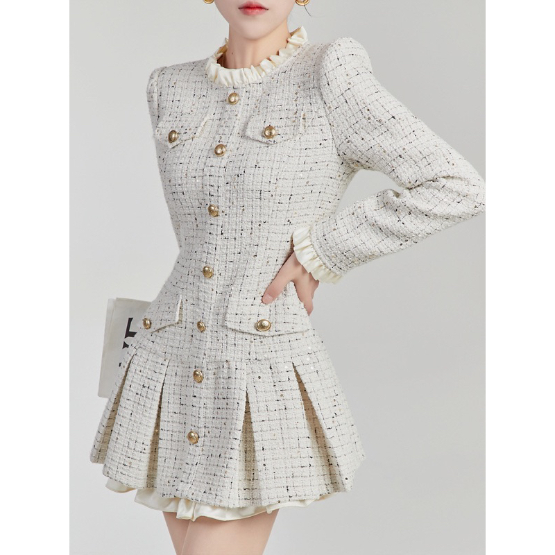 🌷 Váy vest dạ tweed Váy dạ tweed kiểu Pháp cúc đồng dài tay thu đông