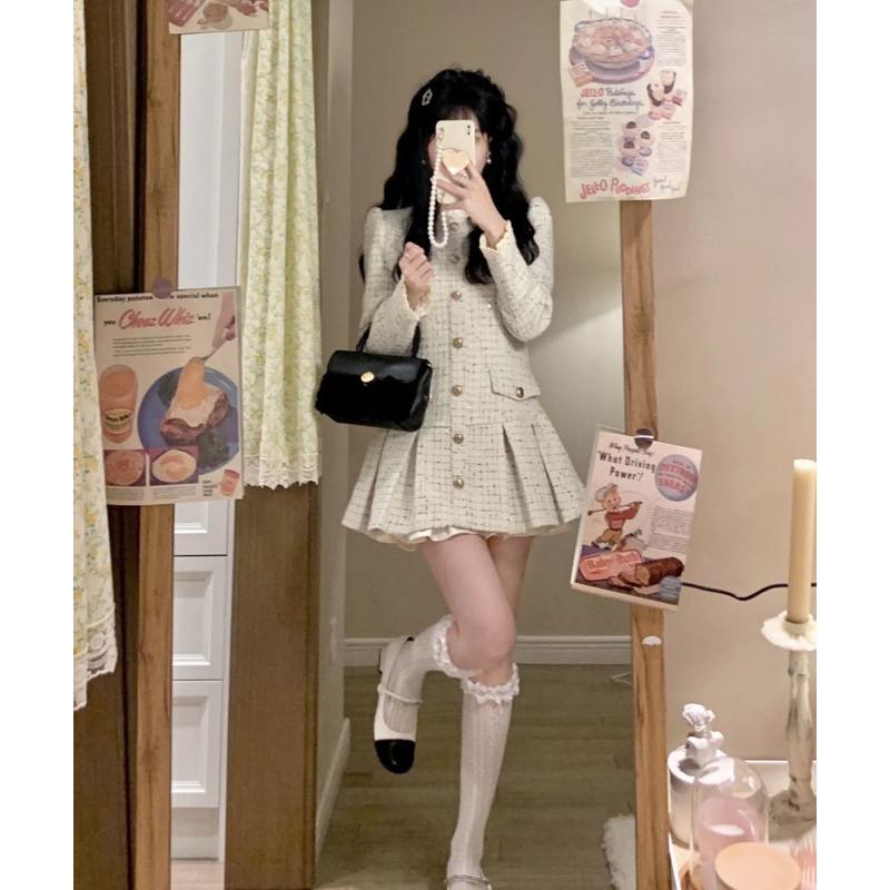 🌷 Váy vest dạ tweed Váy dạ tweed kiểu Pháp cúc đồng dài tay thu đông