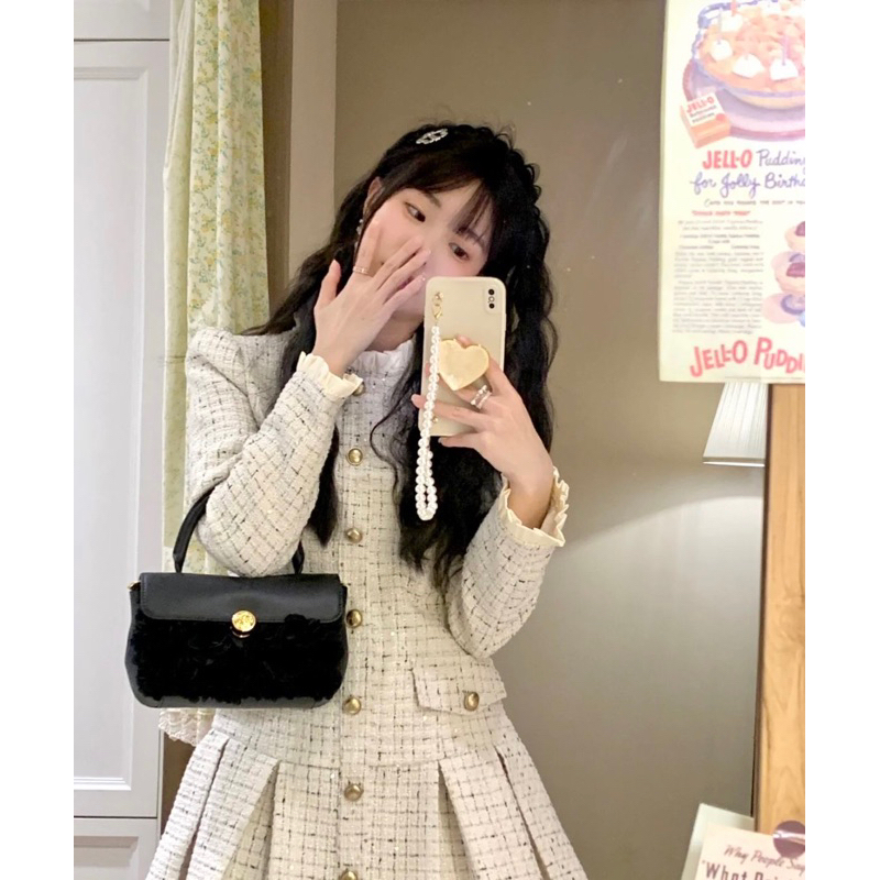 🌷 Váy vest dạ tweed Váy dạ tweed kiểu Pháp cúc đồng dài tay thu đông