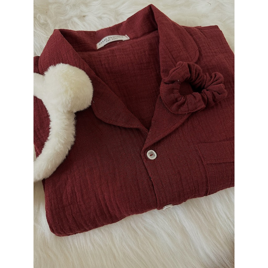 Pyjama xô muslin màu đỏ đô siêu đáng yêu