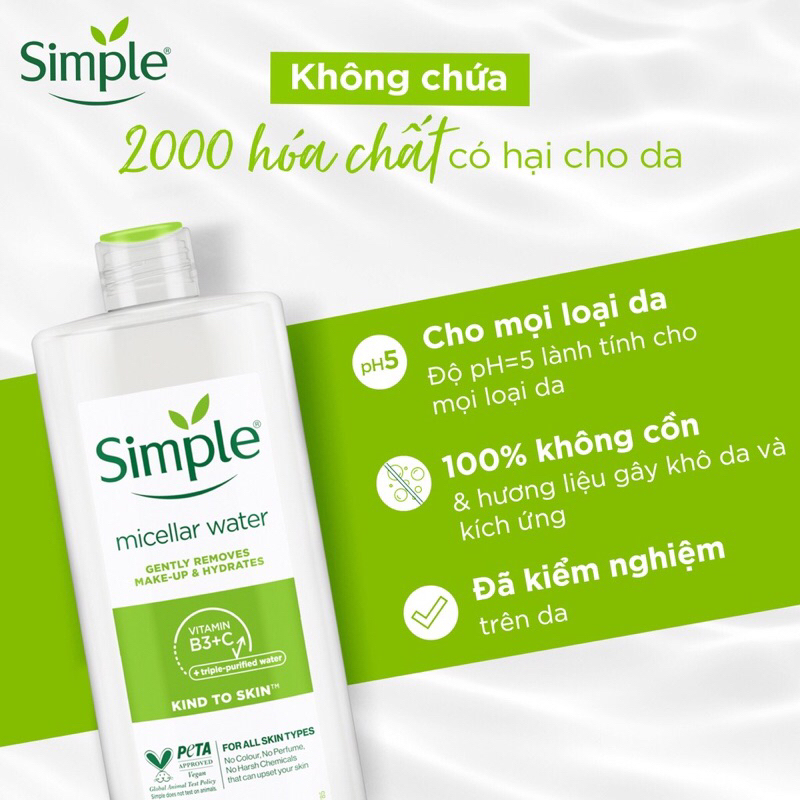 Nước tẩy trang Simple 200ml mẫu mới làm sạch da sau trang điểm phù hợp cho da nhạy cảm và mọi loại da