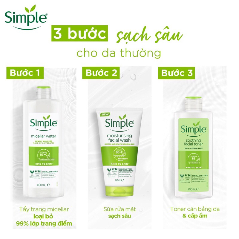 Nước tẩy trang Simple 200ml mẫu mới làm sạch da sau trang điểm phù hợp cho da nhạy cảm và mọi loại da