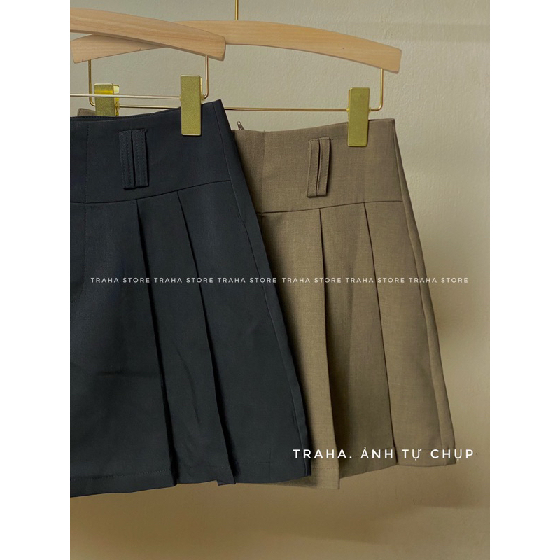 Chân váy ngắn xếp ly lưng cao vintage thu đông 2023
