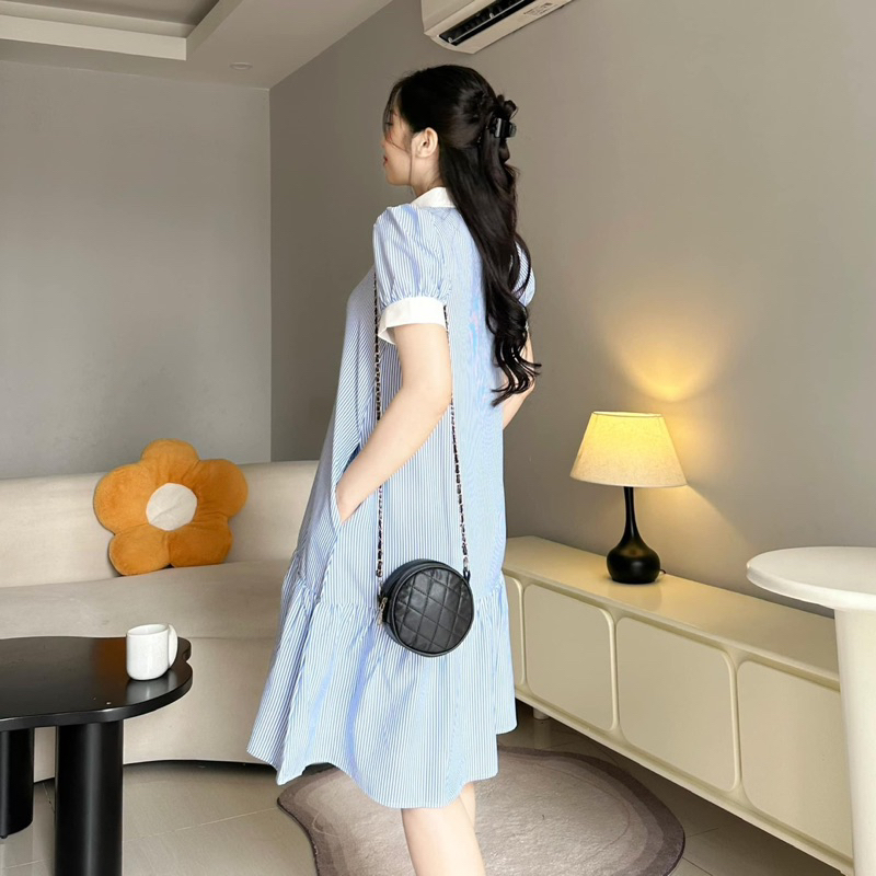 EVERMOM l Đầm bầu công sở đuôi cá cổ sơ mi vải cotton Hàn nhẹ mát