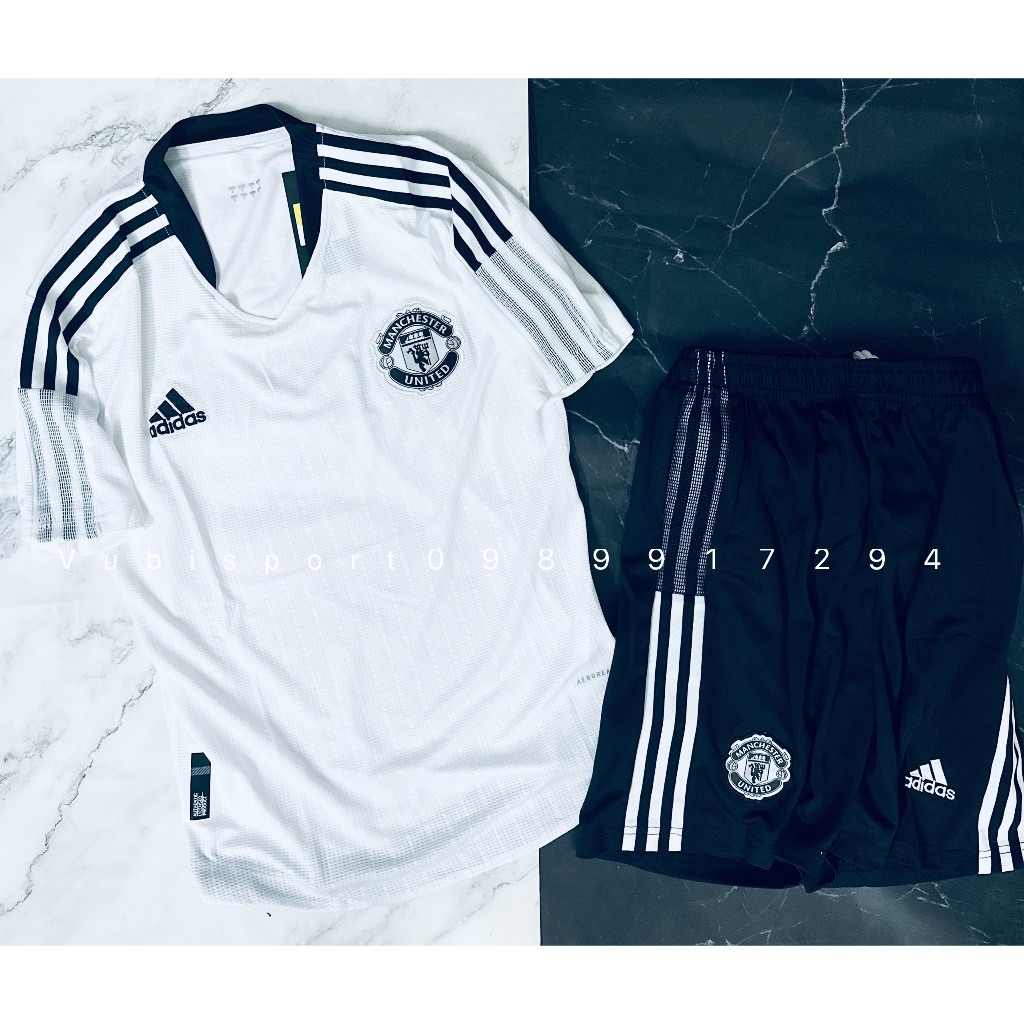 Set bộ quần áo thể thao nam nữ cao cấp manchester united mu tập luyện 2022 áo trắng quần đen vải gai thái