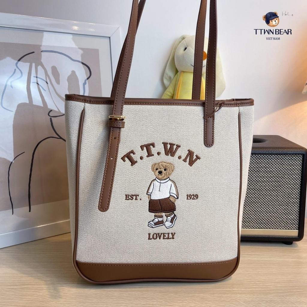 Túi Xách Dáng Tote Kem Gấu Thêu TN3436