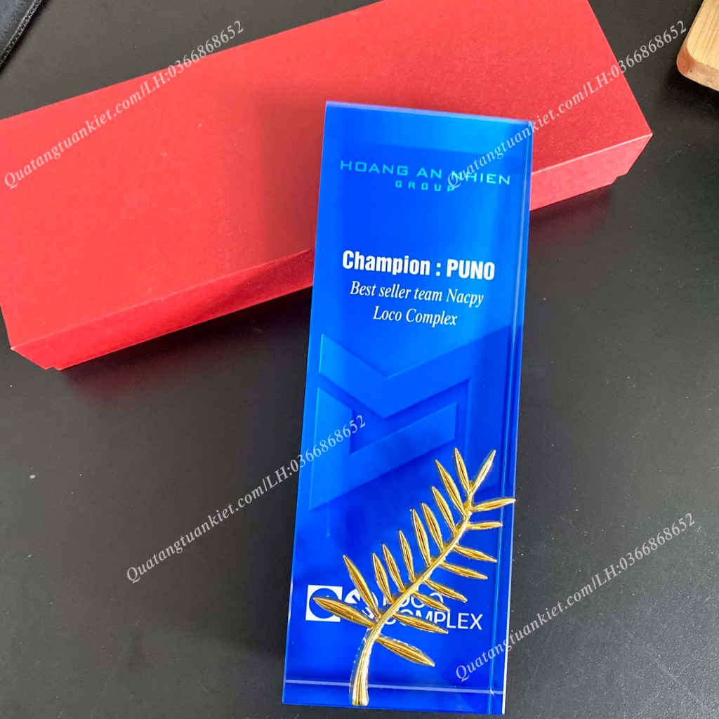 Cúp pha lê chữ nhật đứng họa tiết mạ vàng