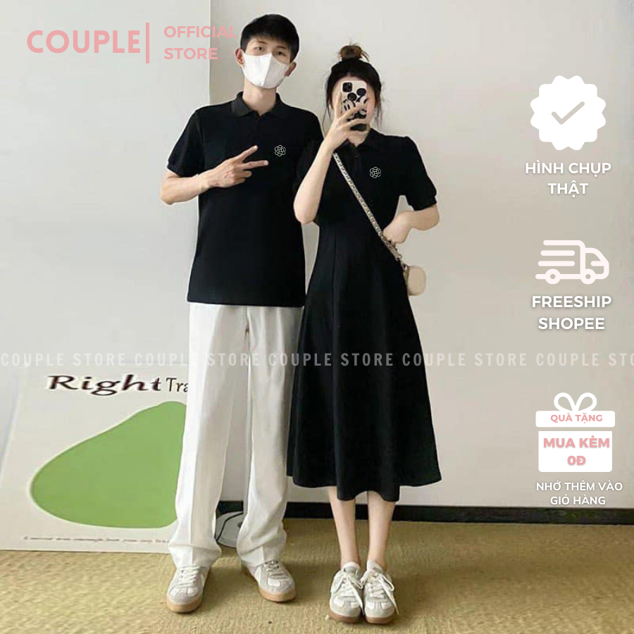 Đồ đôi nam nữ couple đáng yêu dễ thương - Set đồ thun cặp polo đi dạo phố đen phối trắng - Đồ đôi nam nữ BIG SIZE msp001