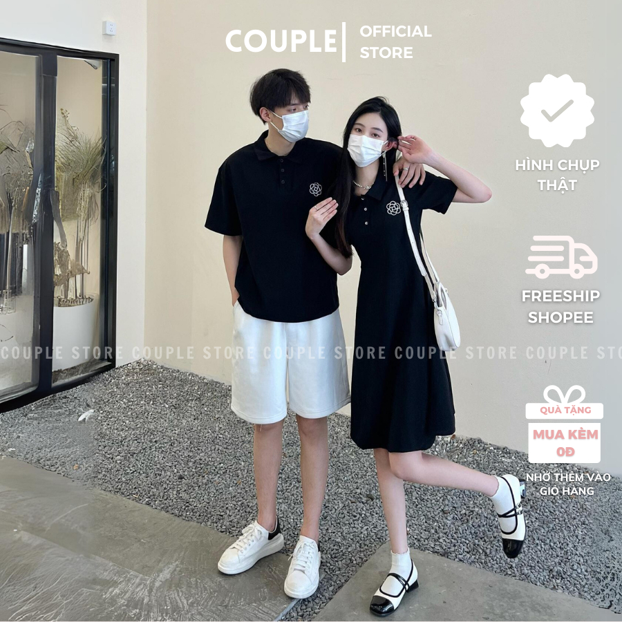 Đồ đôi nam nữ couple đáng yêu dễ thương - Set đồ thun cặp polo đi dạo phố đen phối trắng - Đồ đôi nam nữ BIG SIZE msp001