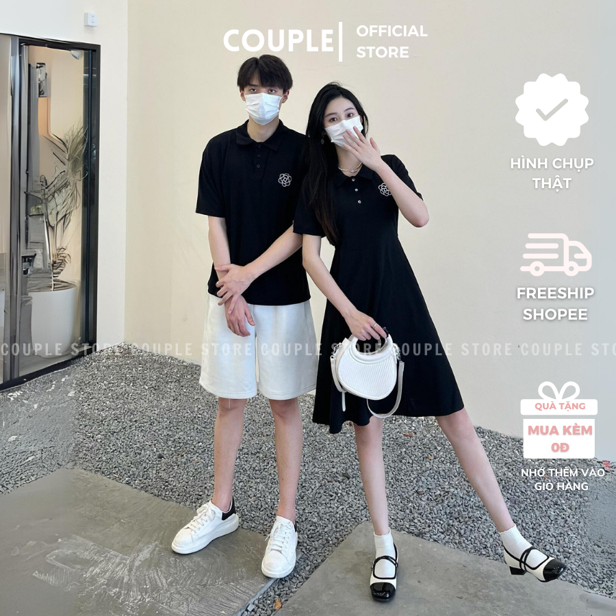 Đồ đôi nam nữ couple đáng yêu dễ thương - Set đồ thun cặp polo đi dạo phố đen phối trắng - Đồ đôi nam nữ BIG SIZE msp001