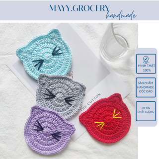 Đế lót cốc miếng lót ly thấm nước cute hình mặt mèo dễ thương handmade từ vải len