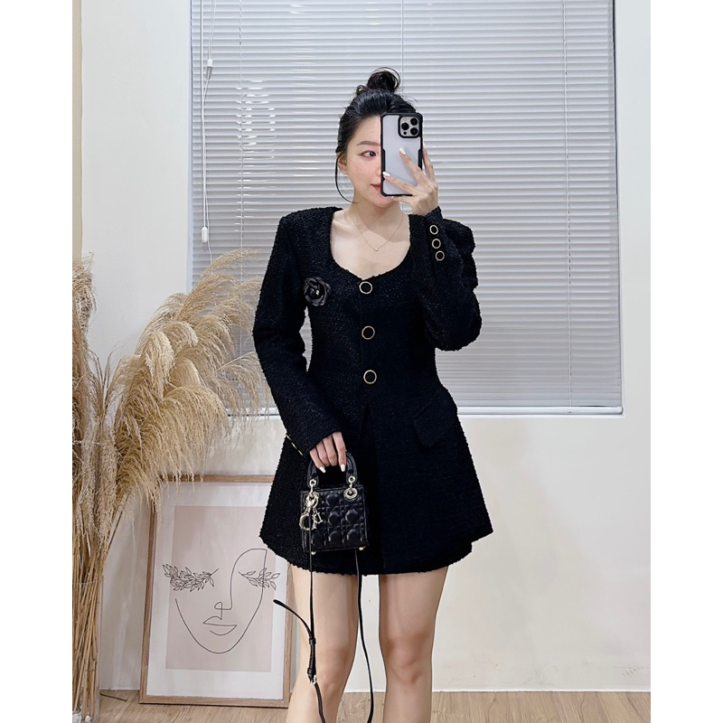 28082 Set dạ tweed áo chiết eo xẻ và chân váy