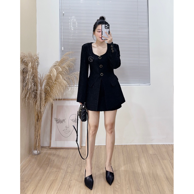 28082 Set dạ tweed áo chiết eo xẻ và chân váy