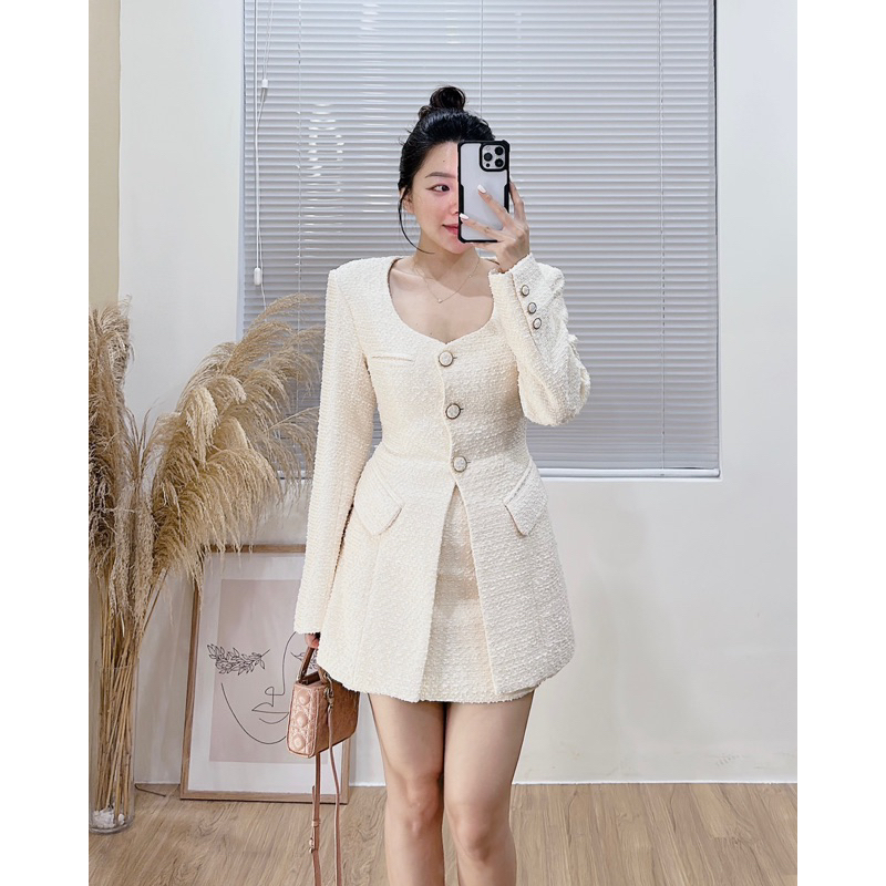 28082 Set dạ tweed áo chiết eo xẻ và chân váy