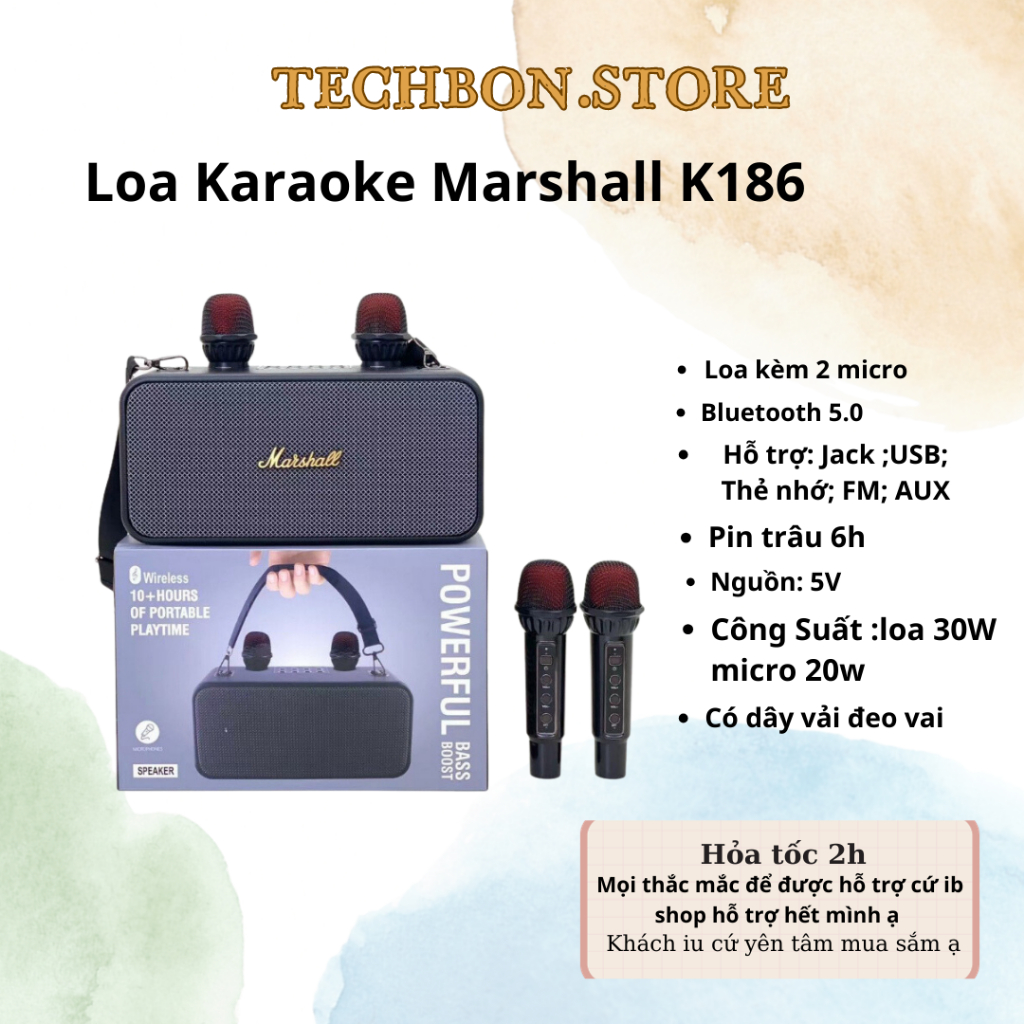 Loa bluetooth karaoke K186 kèm 2 micro không dây xách tay công xuất 20W âm thanh trầm ấm bass căng TECHBON.STORE | BigBuy360 - bigbuy360.vn