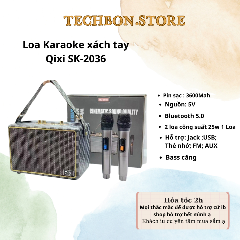 Loa Bluetooth SK-2036 Có Sẵn 2 Micro Không Dây Hát Karaoke Nghe Nhạc Bass Cực Đỉnh Chuẩn qixi TECHBON.STORE | BigBuy360 - bigbuy360.vn