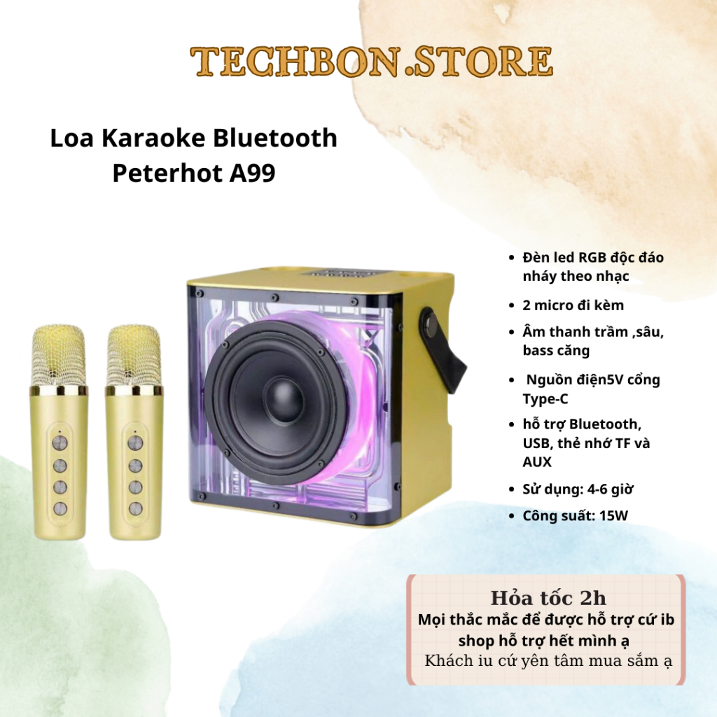 Loa Karaoke Bluetooth Peterhot A99 Âm Thanh Siêu Đỉnh Thiết Kế Cực Đẹp Kèm 2 Micro Đèn LED Theo Nhạc TECHBON.STORE