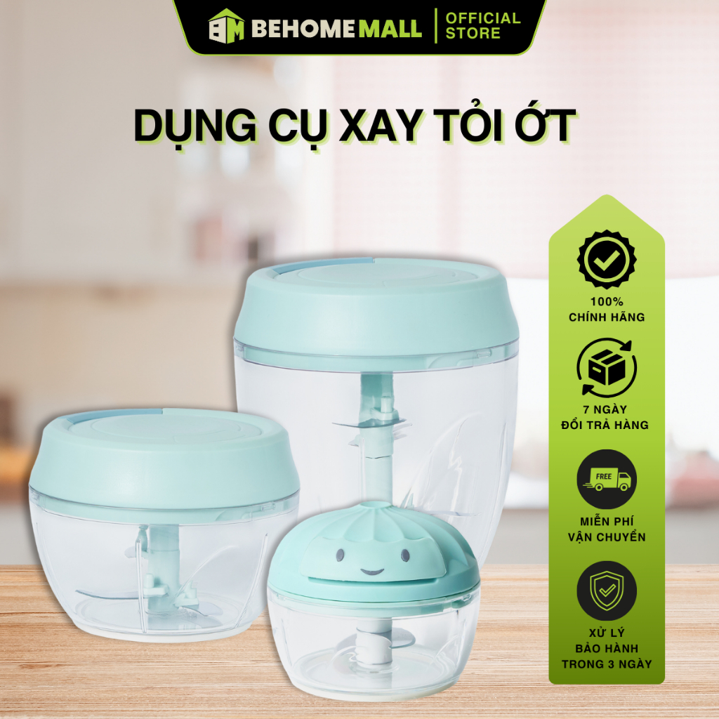 Máy xay tỏi ớt đa năng BEHOMEMALL xay cơ học hai màu ba kích thước xay bén dễ vệ sinh
