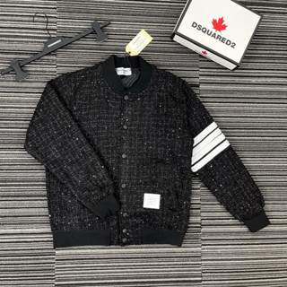  Áo khoác bomber nam nữ Thom Browne vải dạ đan kim tuyến thêu 4 sọc trắng tay Siêu Hot 2023 