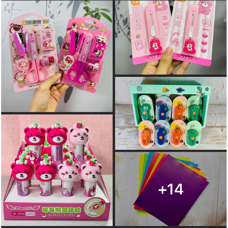 Dao Dọc Giấy Gấu Dâu, Kéo Nắp Gấu Dâu, Kéo Nắp Sanrio, Băng Keo, Gim Bấm, Hồ Nước, Hồ Khô Gấu Dâu, Giấy Màu Thủ Công