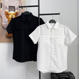 Áo sơ mi nam tay ngắn màu trắng / đen phối túi thời trang, chất vải đũi mềm thoáng mát – AX77 STORE
