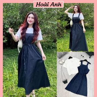 Set Bộ Đồ Nữ Yếm Bò Dáng Dài Kèm Dây Đai Mix Áo Phông Trắng Ngắn Tay Freesize