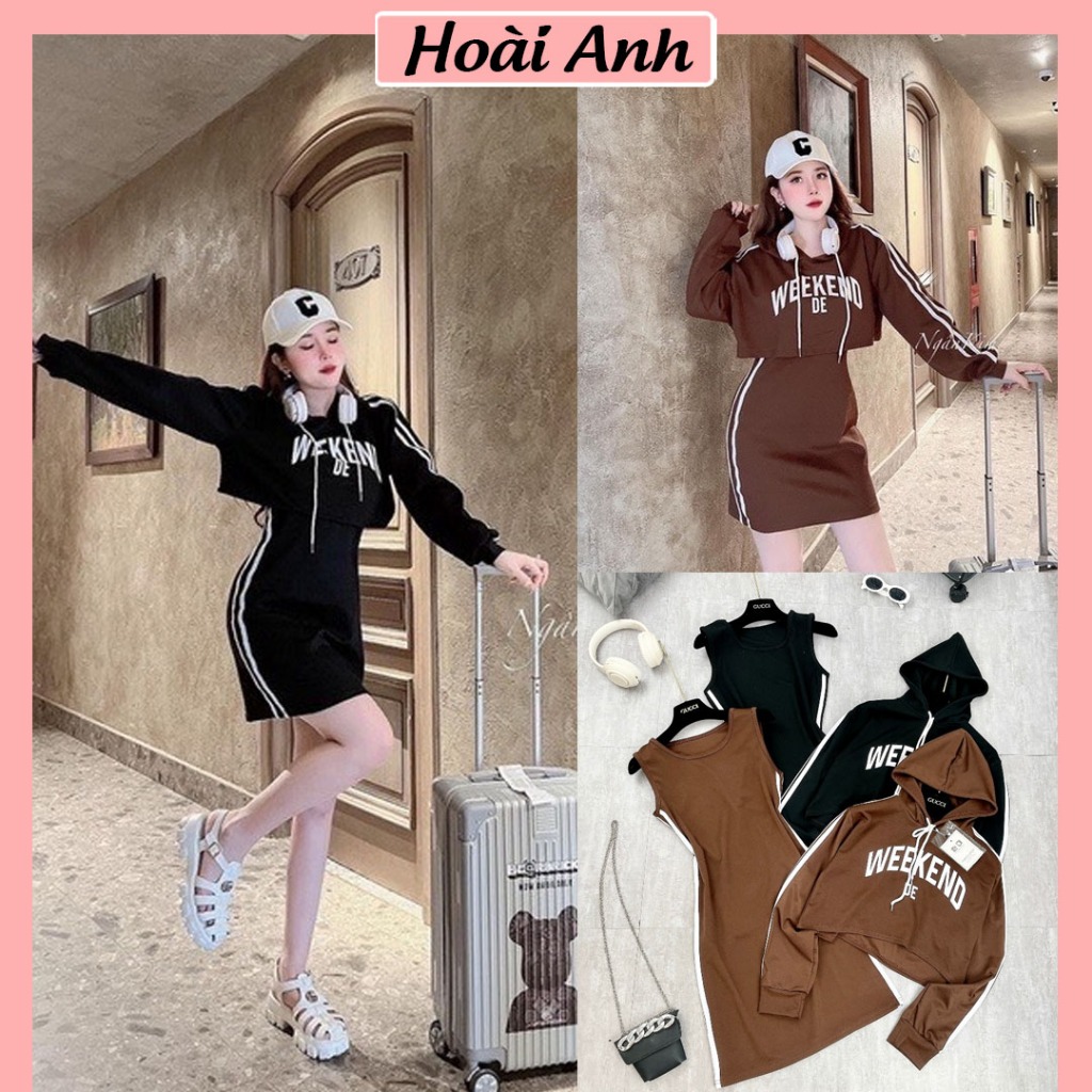 Set Bộ Váy Nữ 2 Món Weekend Đầm Ba Lỗ Ôm Body Phối Sọc Mix Áo Dáng Ngắn Có Mũ Dài Tay Freesize