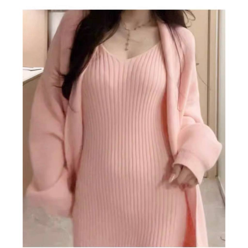Set Đồ Nữ Áo Khoác Cardigan Len Dáng Dài Qua Gối, Váy Len Dáng Dài 2 Dây Ôm Body Váy Bầu Đầm Nữ Thu Đông SD635