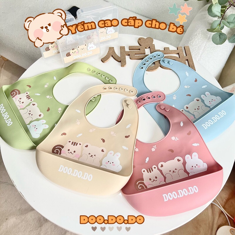 Yếm ăn dặm silicone cho bé DOO.DO.DO hoạ tiết hình thú đáng yêu tặng kèm hộp đựng yếm