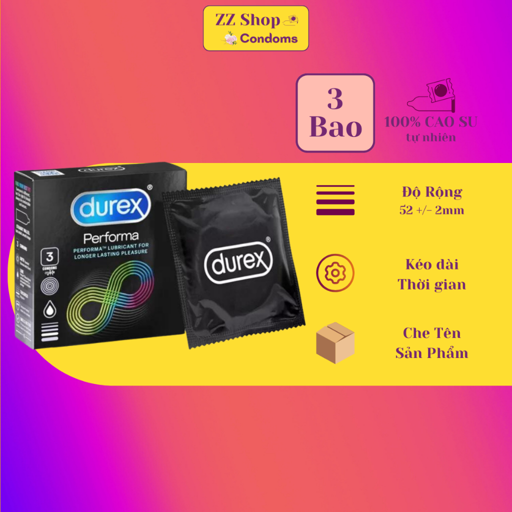 Durex Performa 3 bao/ hộp. Bao cao su Durex chống xuất tinh sớm, kéo dài thời gian quan hệ.
