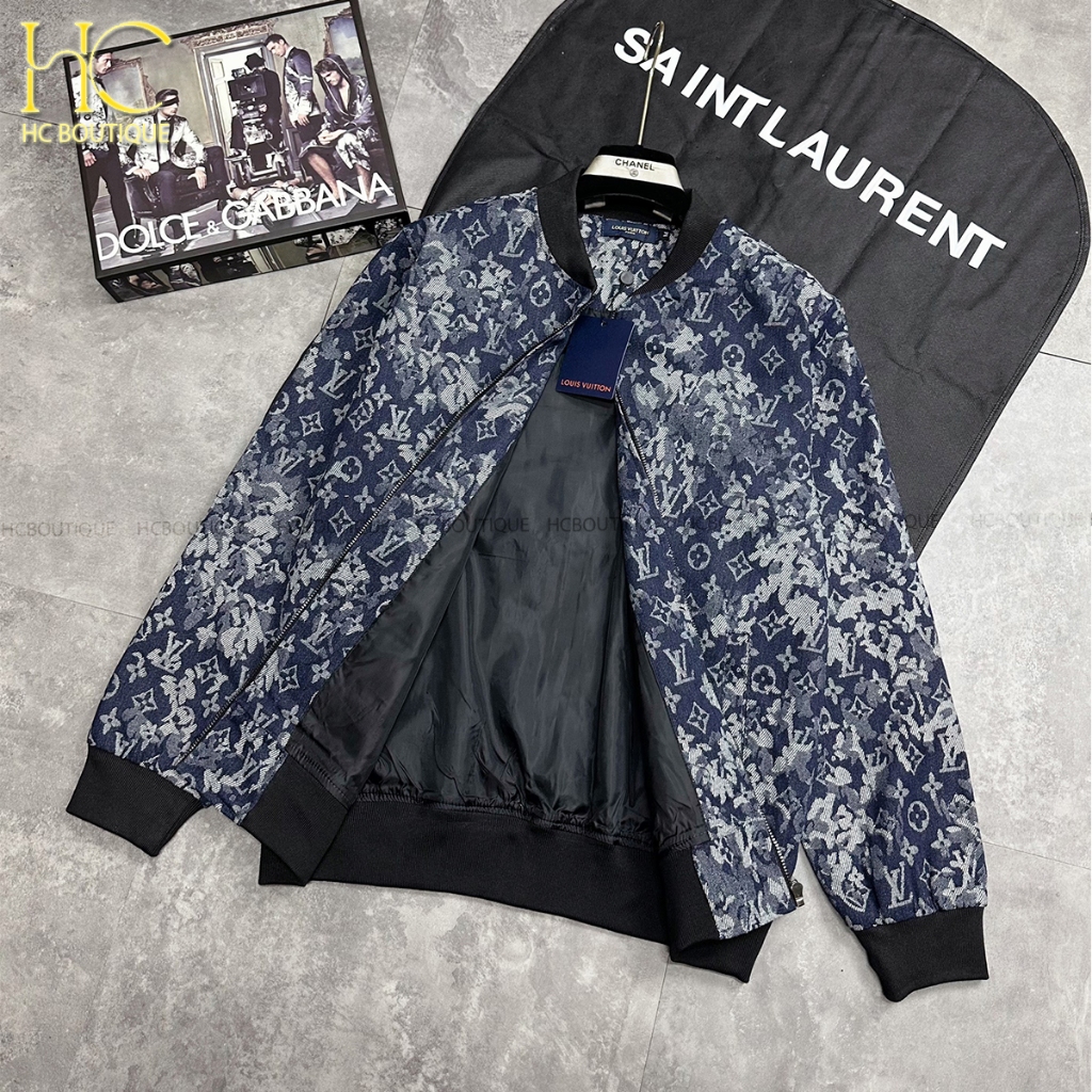 Áo bomber LV cực đẳng cấp, áo khoác họa tiết xanh nam nữ, hàng xịn full tag mac