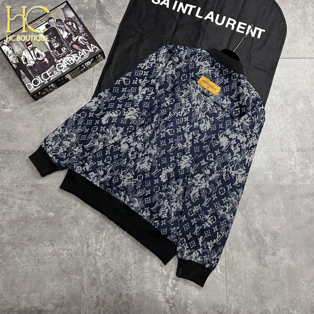 Áo bomber LV cực đẳng cấp, áo khoác họa tiết xanh nam nữ, hàng xịn full tag mac