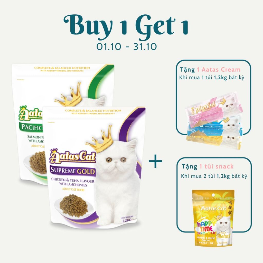Hạt khô Aatas Cat rắc cá cơm sấy cho mèo túi 1,2kg