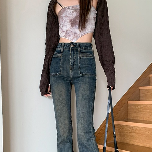 Quần Jean Nữ Loe Màu Xanh Mài Loang Đùi 2 túi nhỏ trước nổi bật hotrend