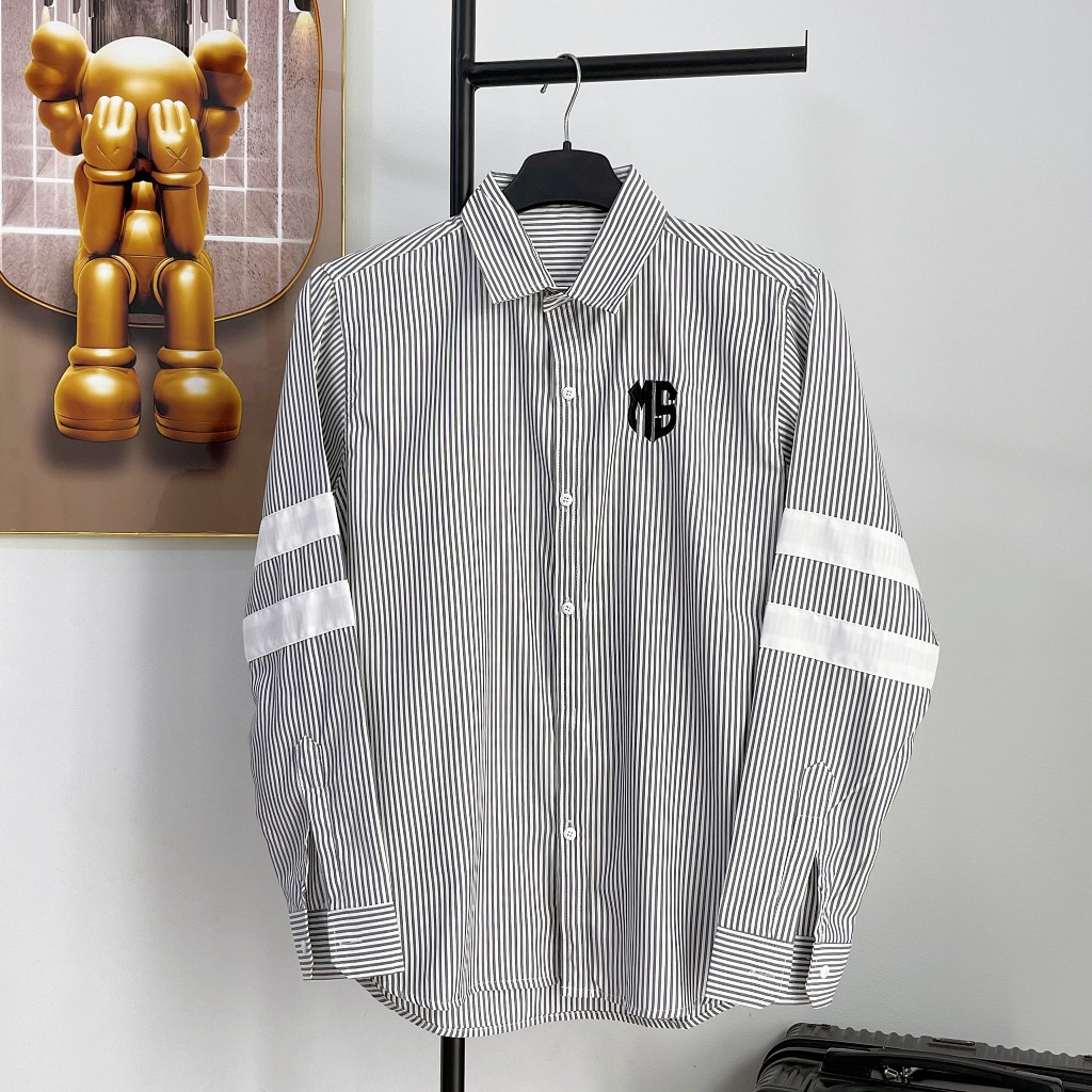 Áo sơ mi nam dài tay sọc xanh sọc xám thêu logo viền tay mẫu mới cao cấp-AHFASHION