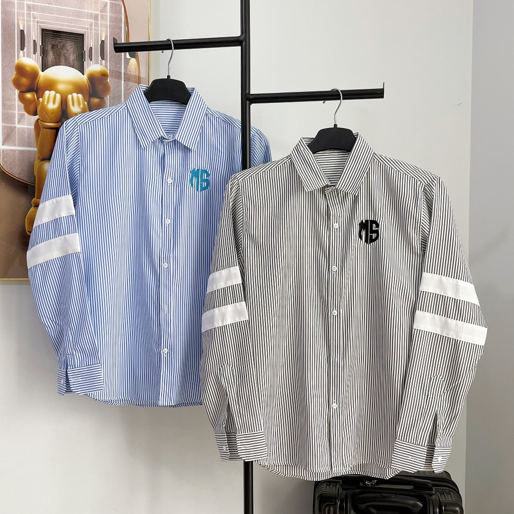 Áo sơ mi nam dài tay sọc xanh sọc xám thêu logo viền tay mẫu mới cao cấp-AHFASHION
