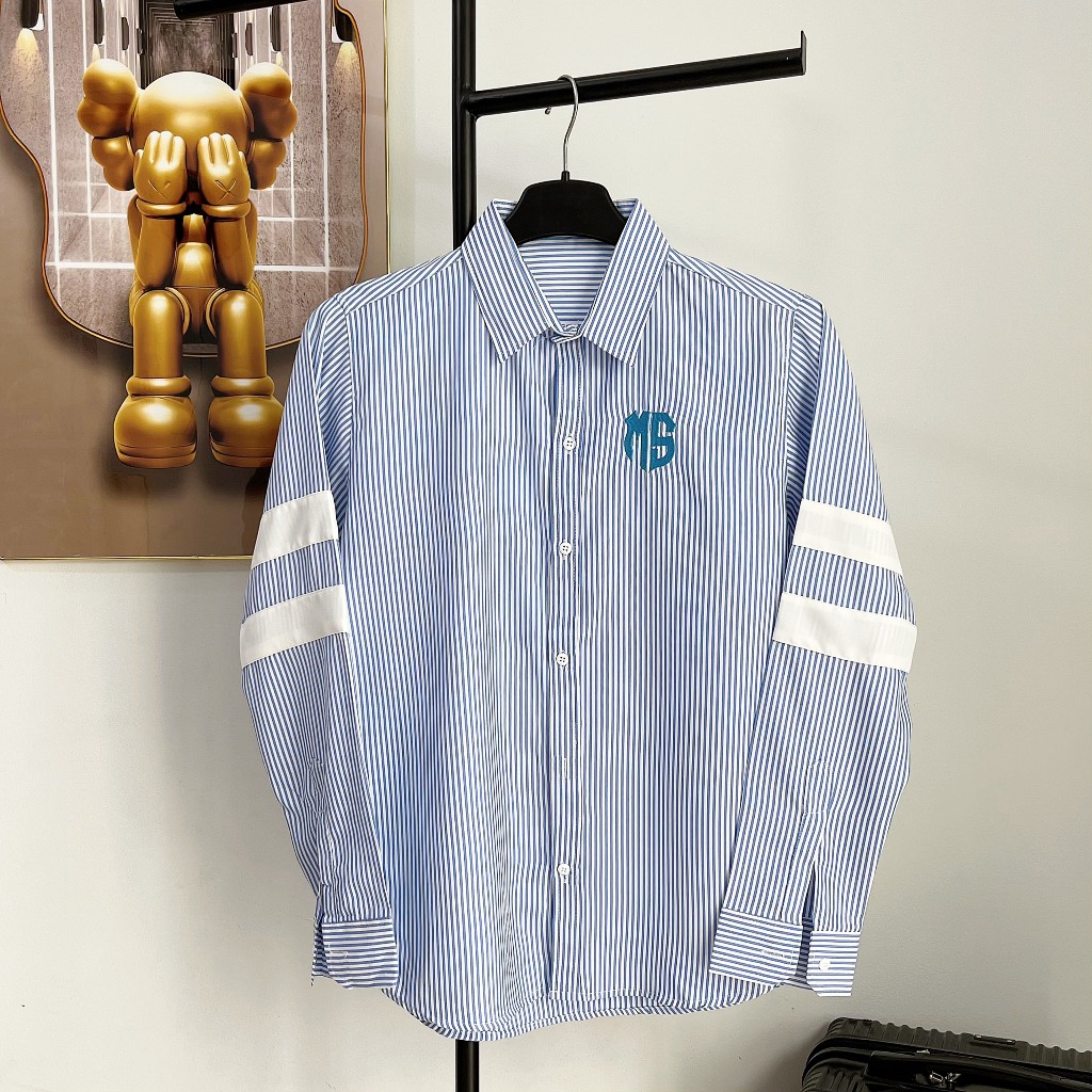 Áo sơ mi nam dài tay sọc xanh sọc xám thêu logo viền tay mẫu mới cao cấp-AHFASHION