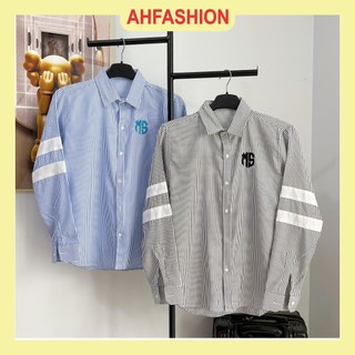 Áo sơ mi nam dài tay sọc xanh sọc xám thêu logo viền tay mẫu mới cao cấp-AHFASHION