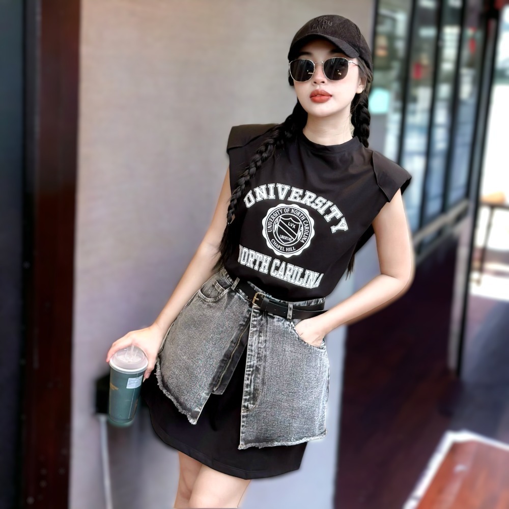 Set trang phục nữ váy đầm thun in chữ phối chân váy jean khóa kéo kèm dây đai nịt