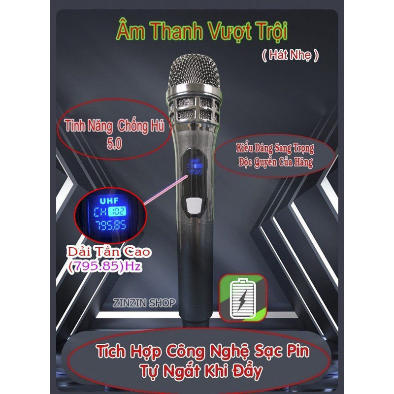 Bộ 1 Micro Không Dây Karaoke UHF ZIN 102  Cao Cấp, Âm Thanh Dày , Chi Tiết , Độ Nhạy Cao .