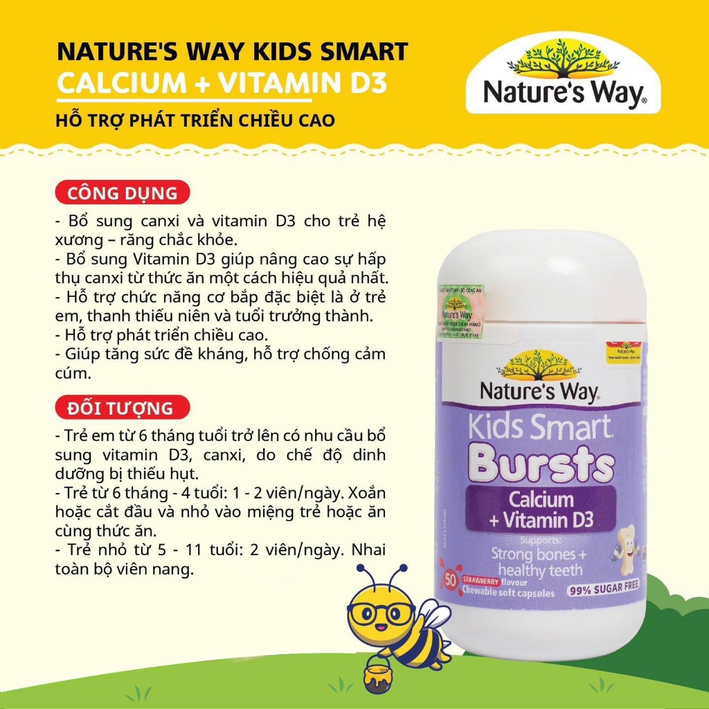 Viên Nhai Cho Bé Nature’s Way Kids Smart Calcium + Vitamin D3 Burstlets Bổ Sung Canxi, Tăng Chiều Cao Cho Bé - 50 viên