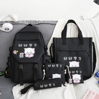 Balo set 4 món đi học thời trang nam nữ - Mèo và sách chữ hoa