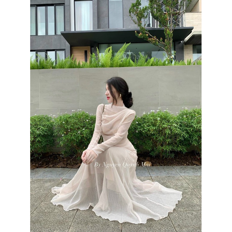 Set 3 món : Áo tay dài xếp ngực + áo dây + Chân váy xoè