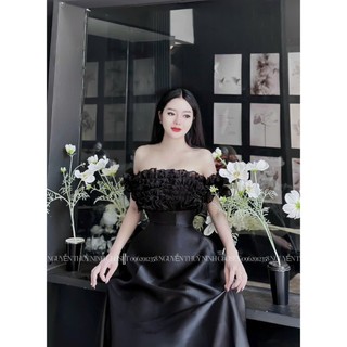 Váy đầm nữ thiết kế dự tiệc sang chảnh_Đầm tapta trễ vai phối voan tơ bồng bềnh xinh xắn