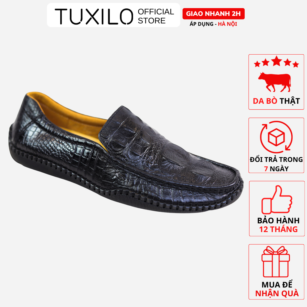 Giày da nam TUXILO da bò thật dập vân cá sấu cao cấp đế cao su nguyên chấn,giày lười công sở màu đen đế siêu êm TX21